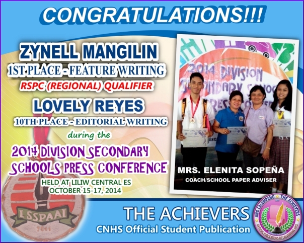 CONGRATULATIONS Zynell Mangilin and Lovely Reyes in Feature wrtiting and Editorial Writing